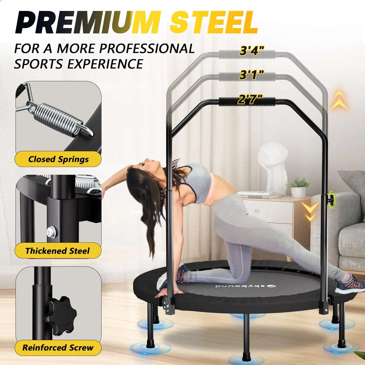 Foldable Fitness Rebounder Trampoline With Adjustable Handle For Adults