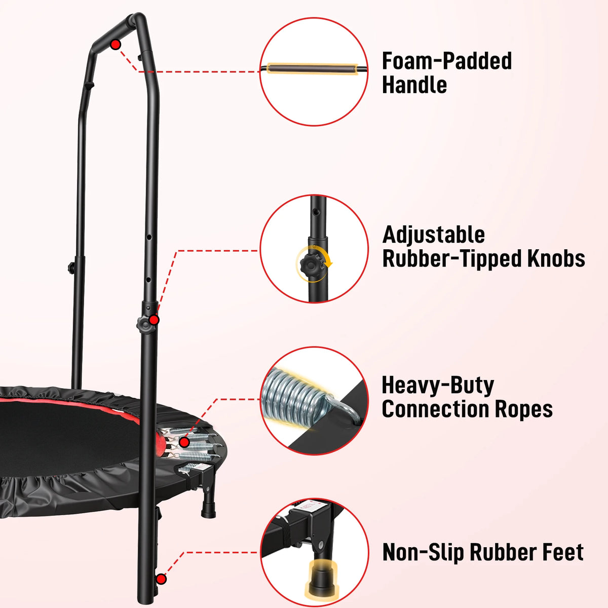 Folding Fitness Rebounder Trampoline With Handlebar for Indoor Cardio Workouts