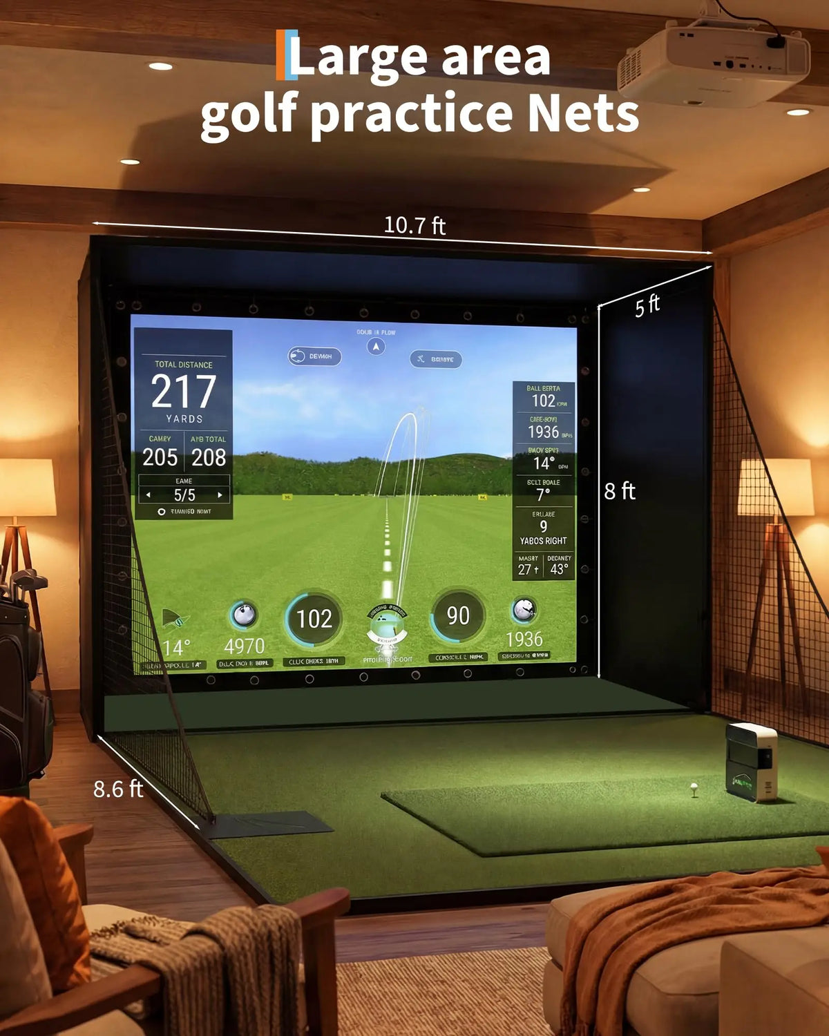 Golf Simulator Enclosure Package With Impact Screen And Protective Netting