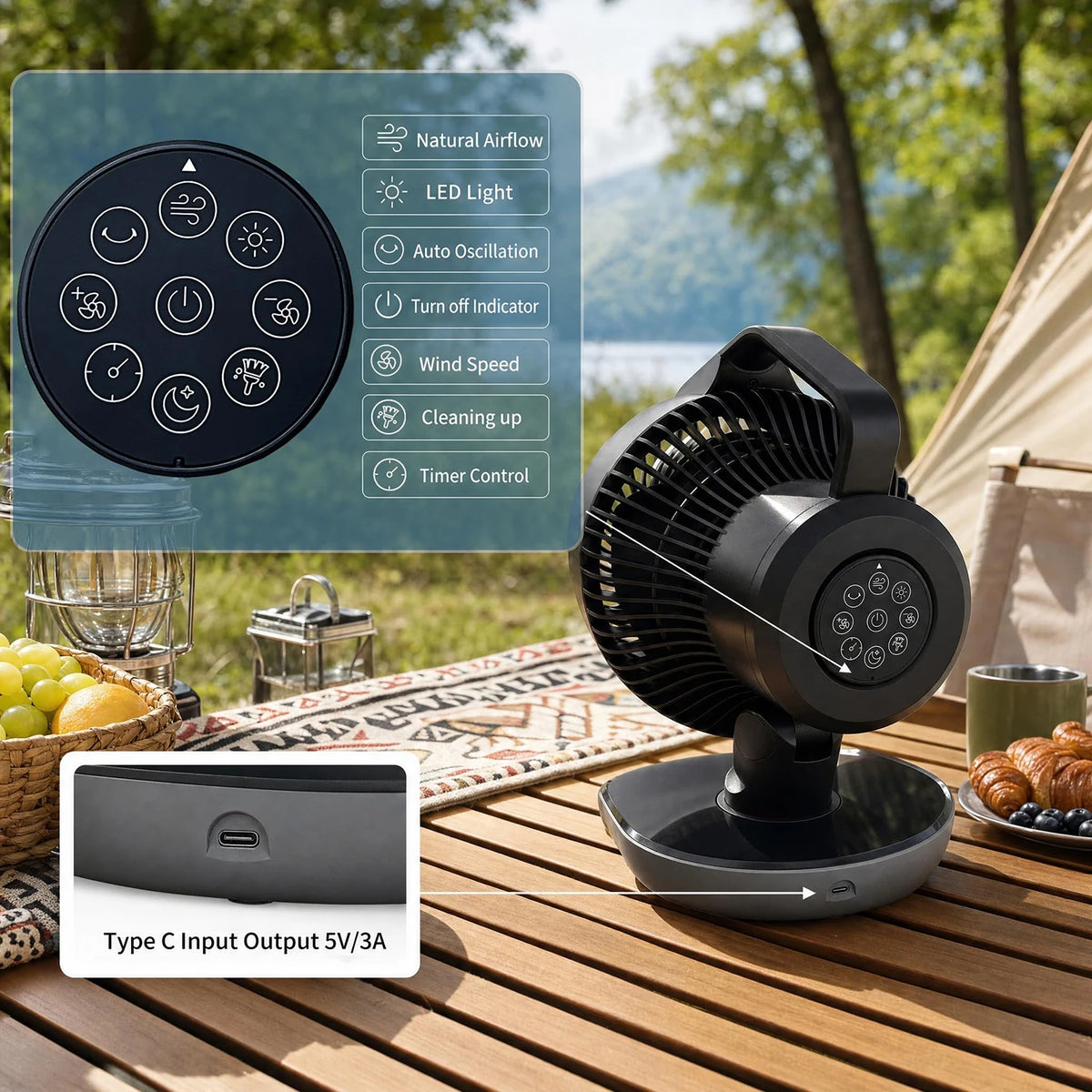 HiMISS Camping Fan With Remote Control LED Light And Timer