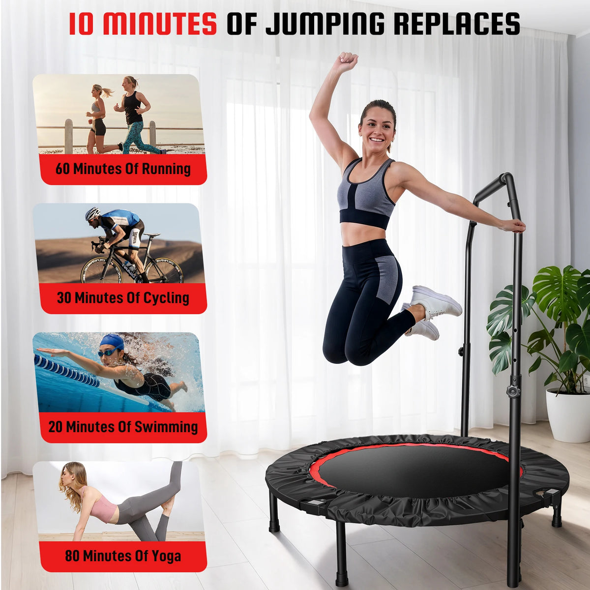 Folding Fitness Rebounder Trampoline With Handlebar for Indoor Cardio Workouts