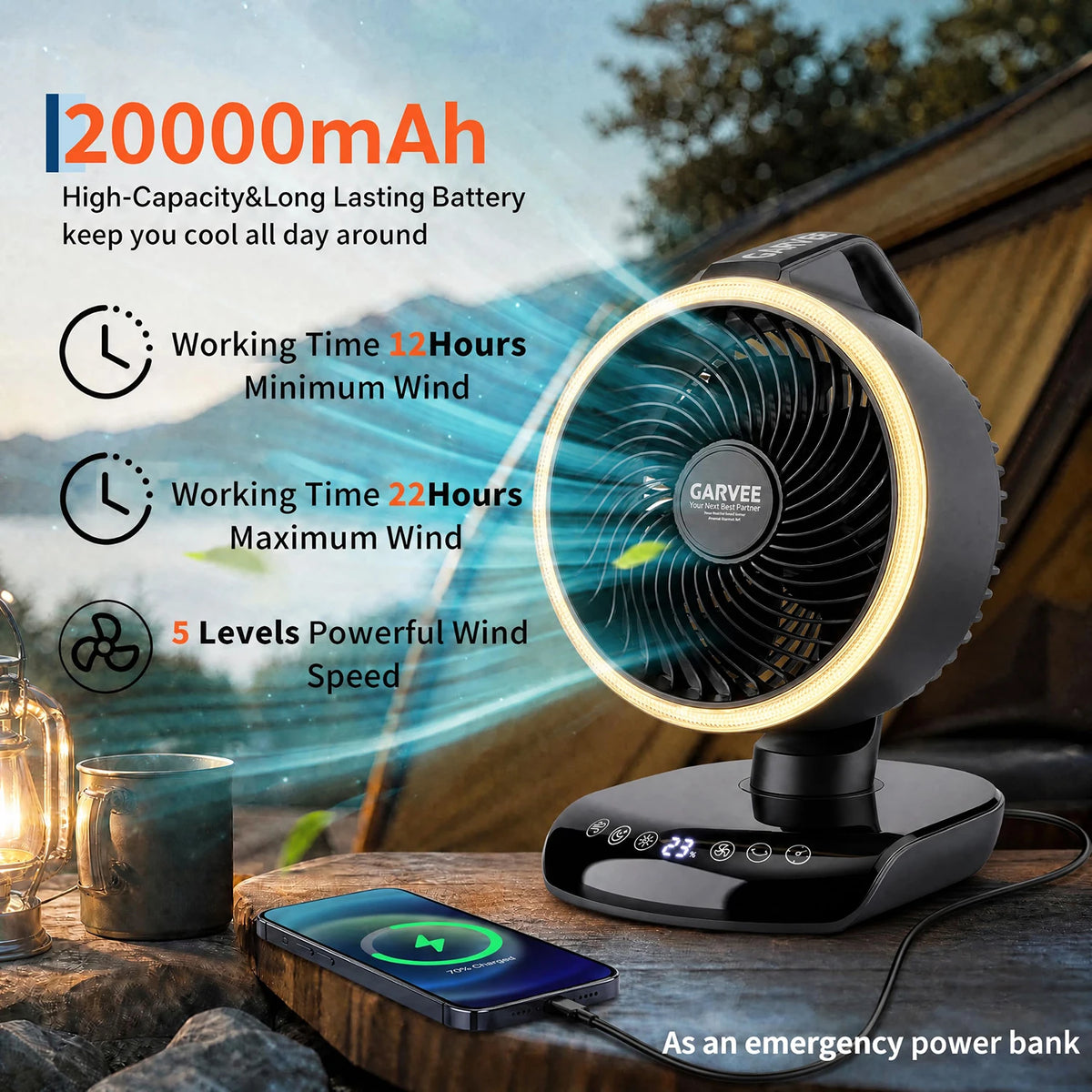 HiMISS Camping Fan With Remote Control LED Light And Timer