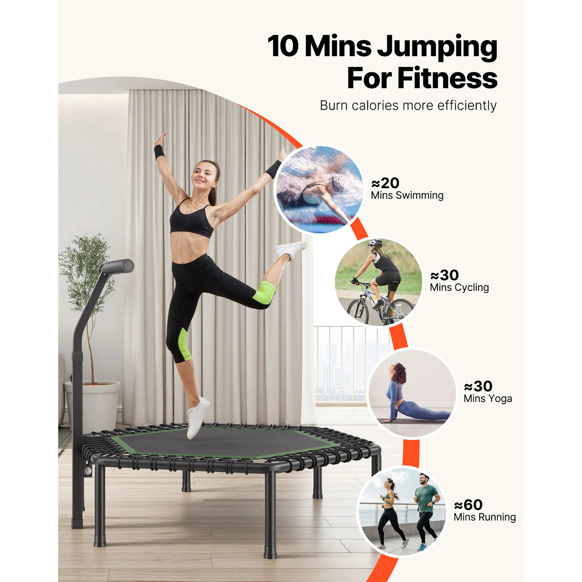 SucceBuy Mini Trampoline With Adjustable Handle For Indoor Workouts