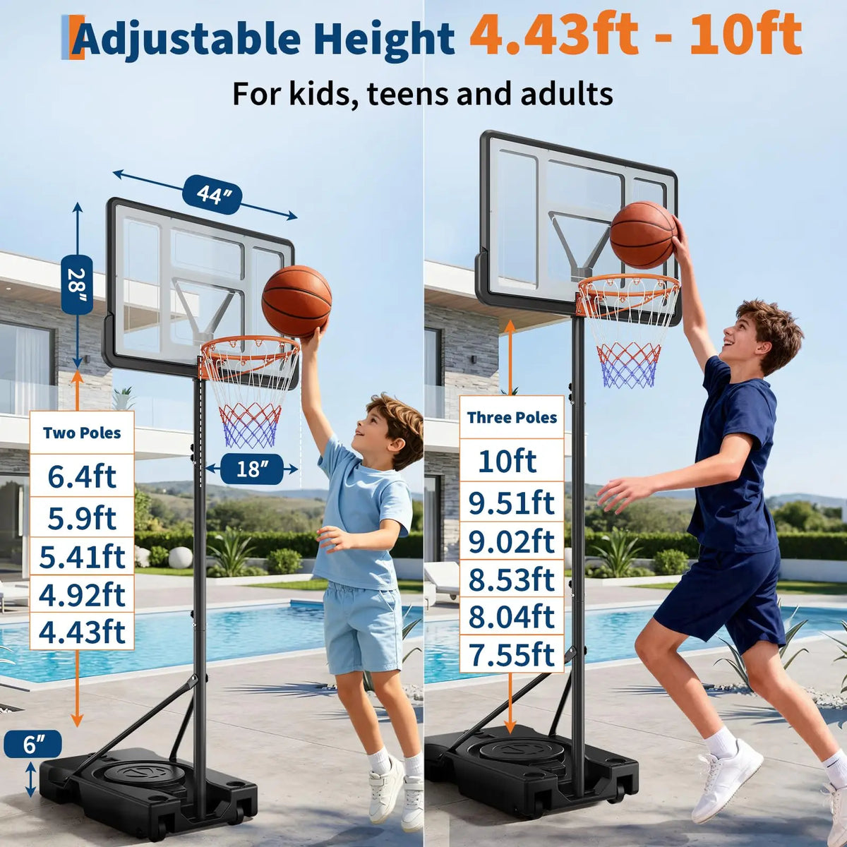 HiMISS Adjustable Portable Basketball Hoop For Backyard And Driveway