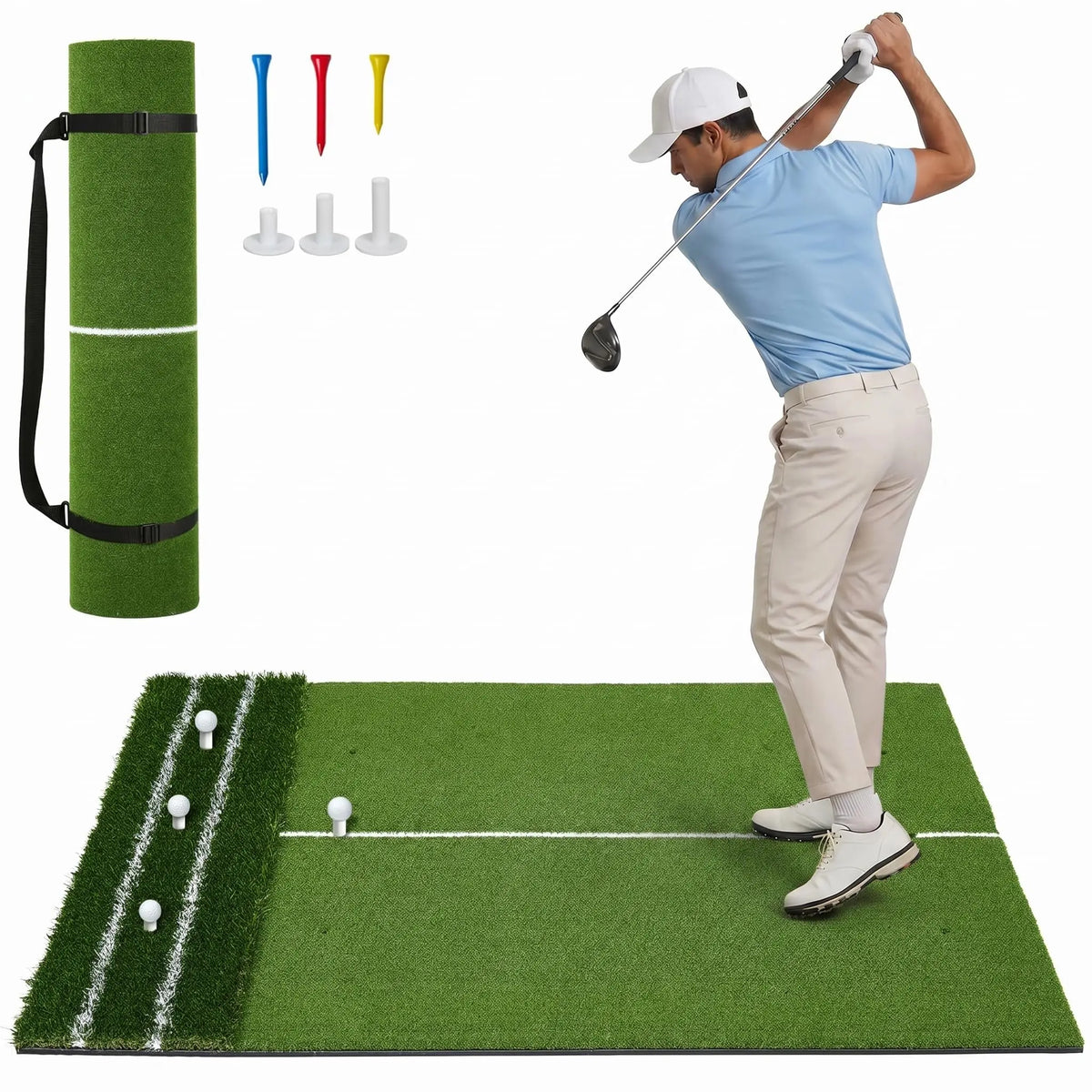 Indoor Outdoor Golf Hitting Mat With Dual Turf Alignment Guide