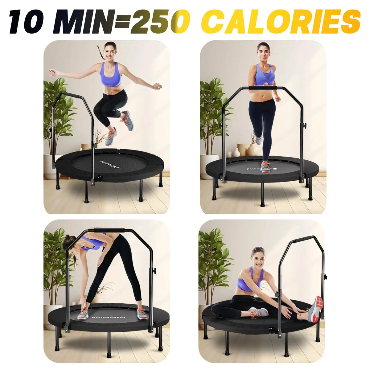 Foldable Fitness Rebounder Trampoline With Adjustable Handle For Adults