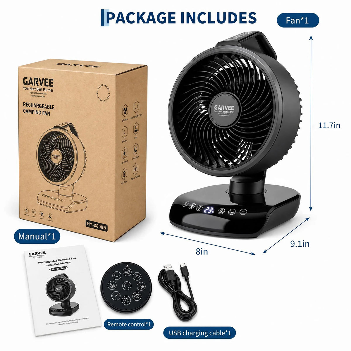 HiMISS Camping Fan With Remote Control LED Light And Timer