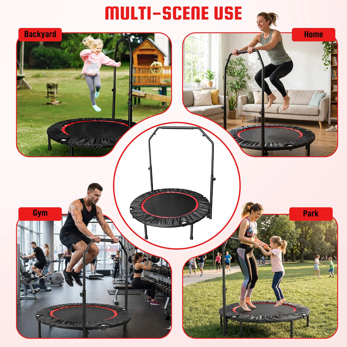 Folding Fitness Rebounder Trampoline With Handlebar for Indoor Cardio Workouts