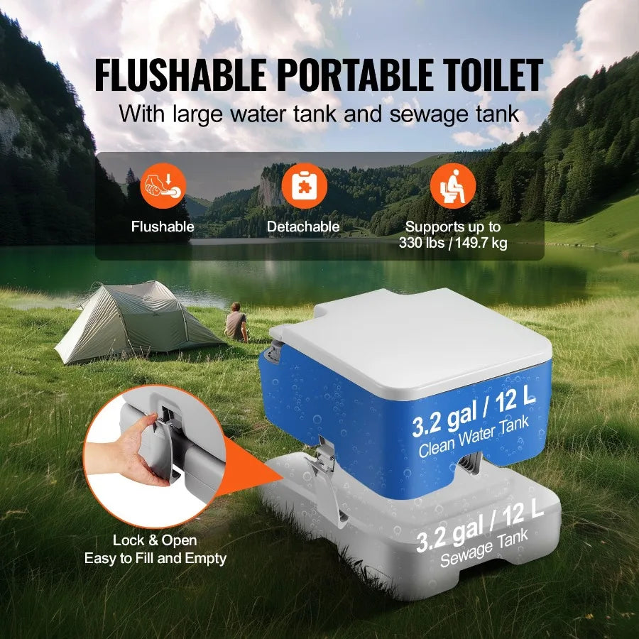 Portable Camping Toilet with Pressurized Flush and Leakproof Waste Tank