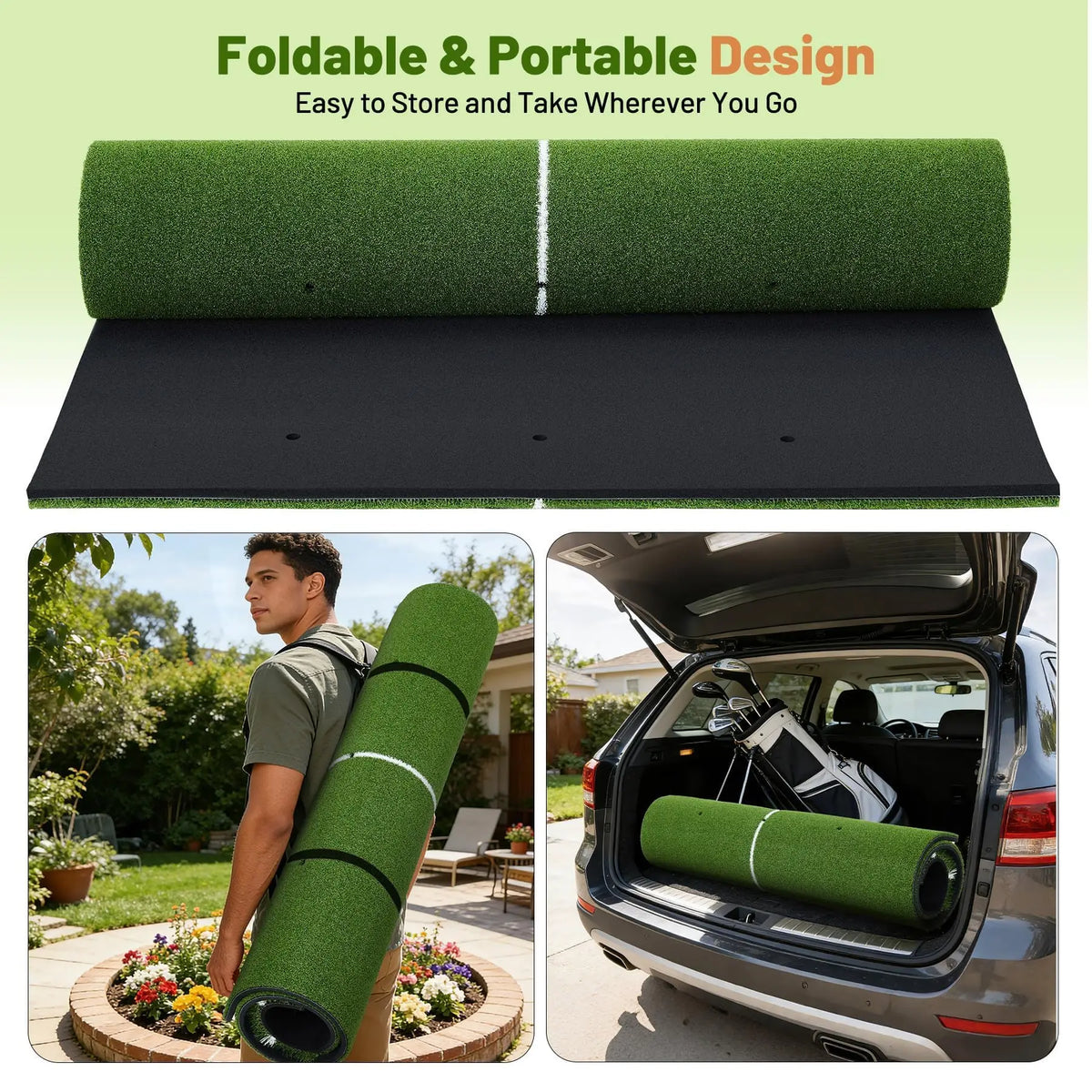 Indoor Outdoor Golf Hitting Mat With Dual Turf Alignment Guide