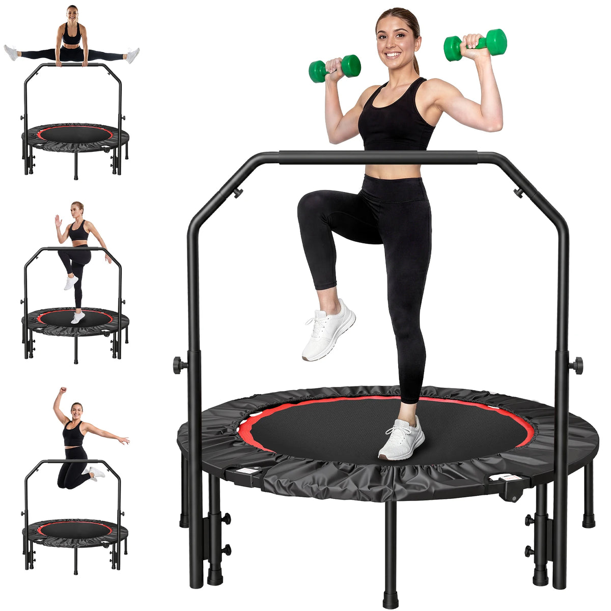 Folding Fitness Rebounder Trampoline With Handlebar for Indoor Cardio Workouts