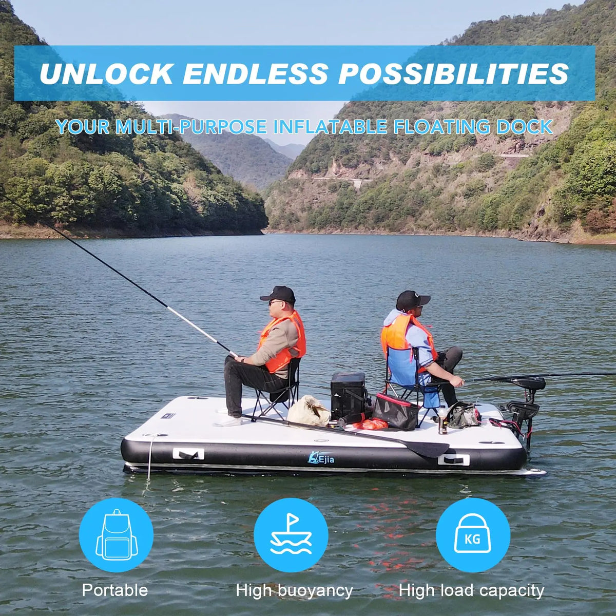 Ejia Inflatable Floating Dock Platform With Dual Bottom Pontoons