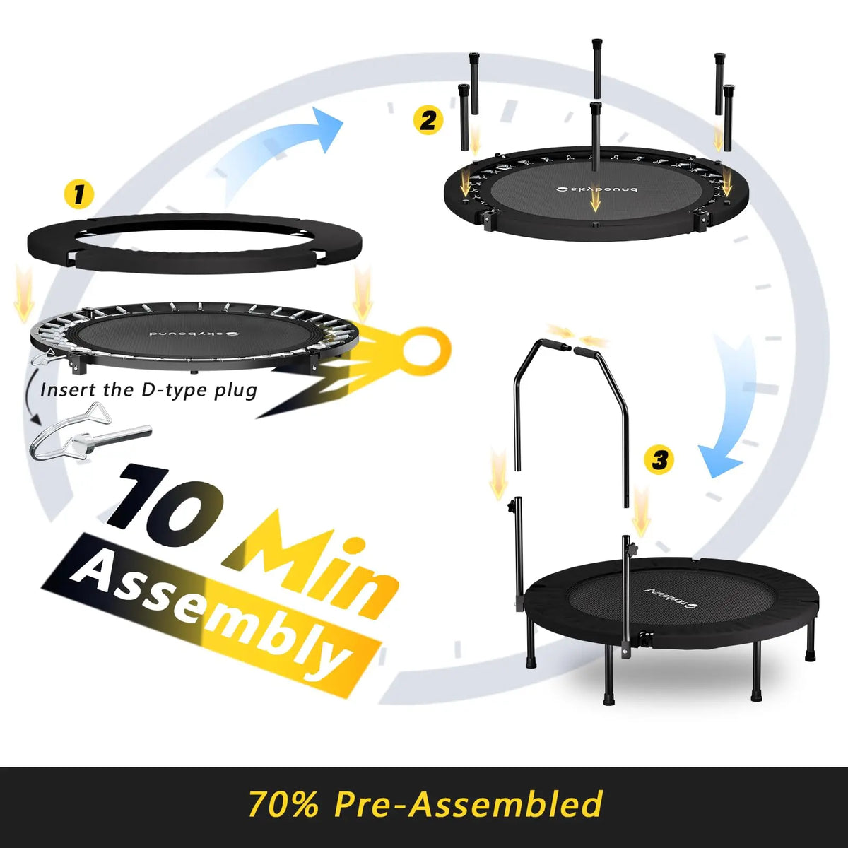 Foldable Fitness Rebounder Trampoline With Adjustable Handle For Adults