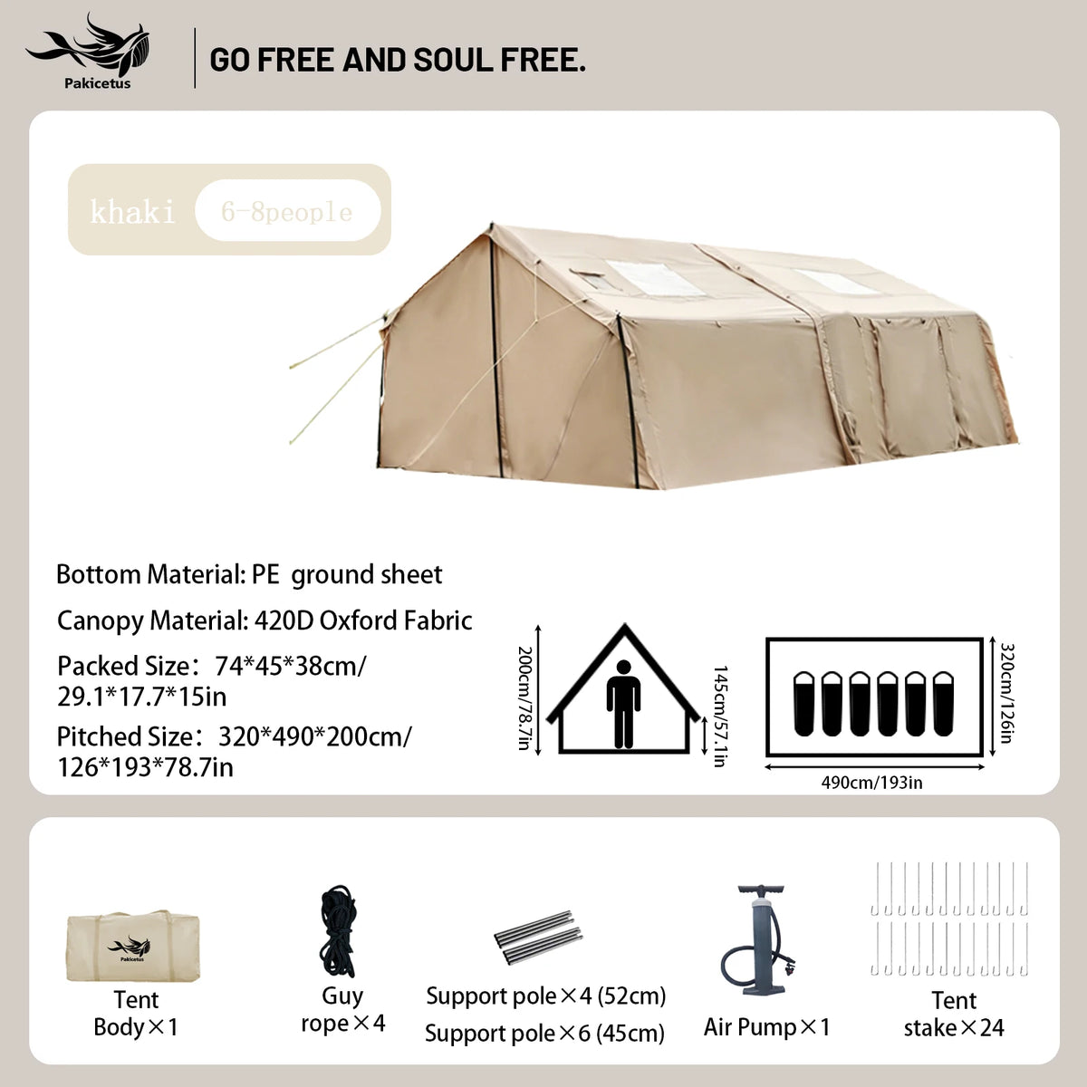 Pakicetus Inflatable Camping Tent Quick Setup Waterproof Windproof Shelter