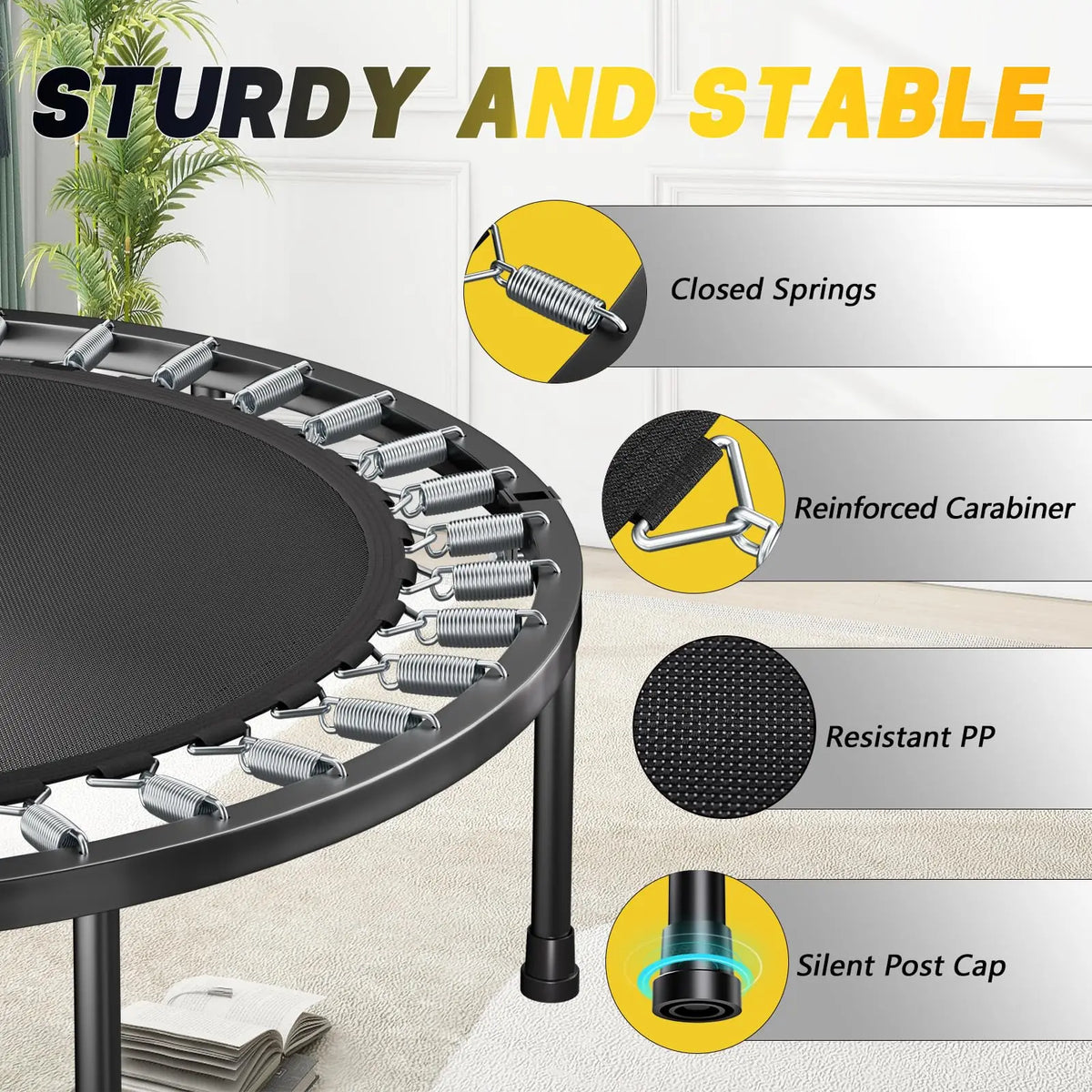 Foldable Fitness Rebounder Trampoline With Adjustable Handle For Adults